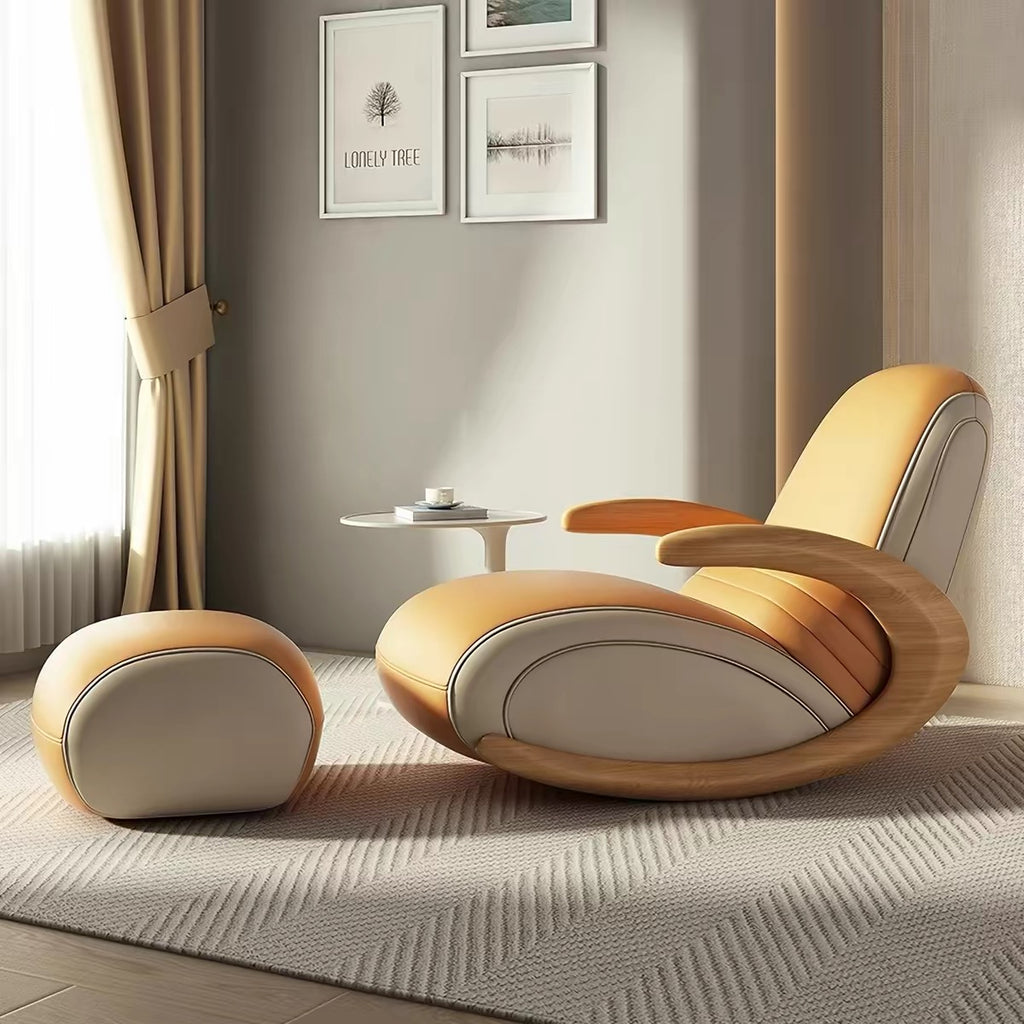 Bentwood Rocking Chair with Ottoman | Ergonomic Leatherette Rocker Lounge Chair for Living Room, Bedroom