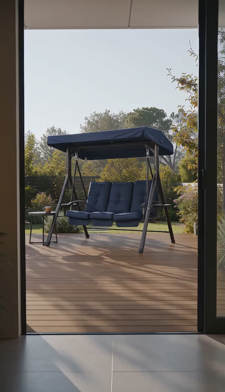 3‑Person Outdoor Patio Swing Chair with Adjustable Canopy, Heavy‑Duty Steel Frame & Soft Tufted Cushions for Backyard Garden Porch