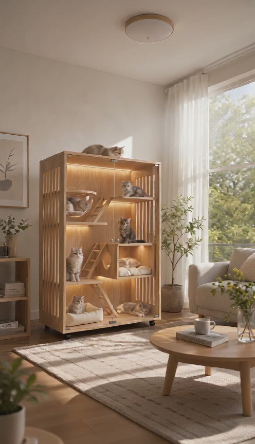 Large Solid Wood Cat Cabinet Enclosure, Multi‑Level Luxury Cat Tree House with LED Light, Sisal Scratching Posts & Mobile Wheels for Multi‑Cat Families